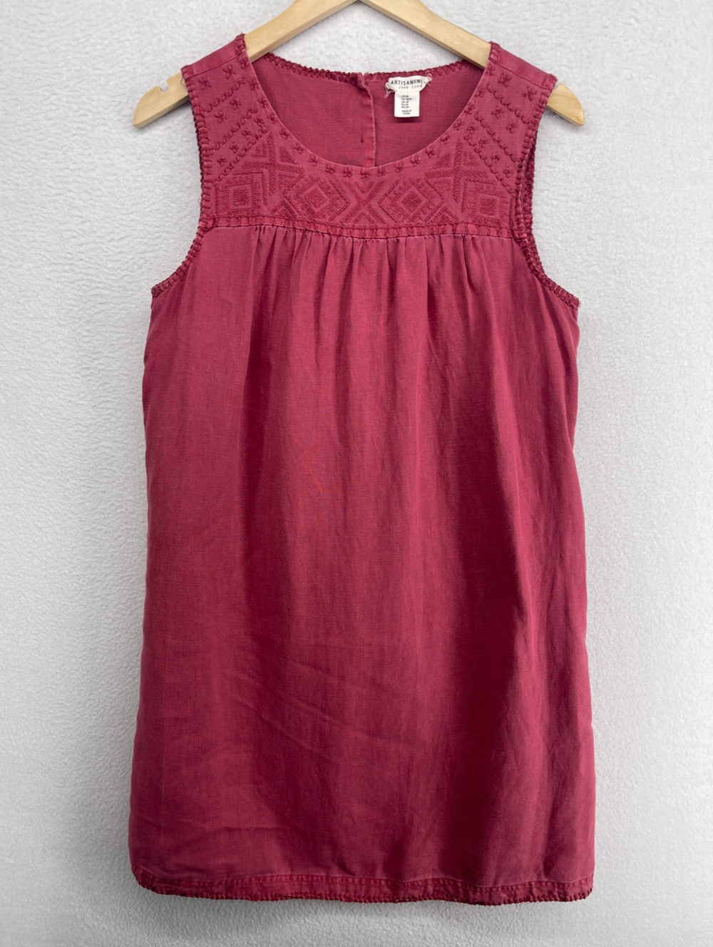 ARTISAN NY Dress M Linen Cross Stitch Embroidered Smocked Shift Tank Pink Red - Picture 1 of 11